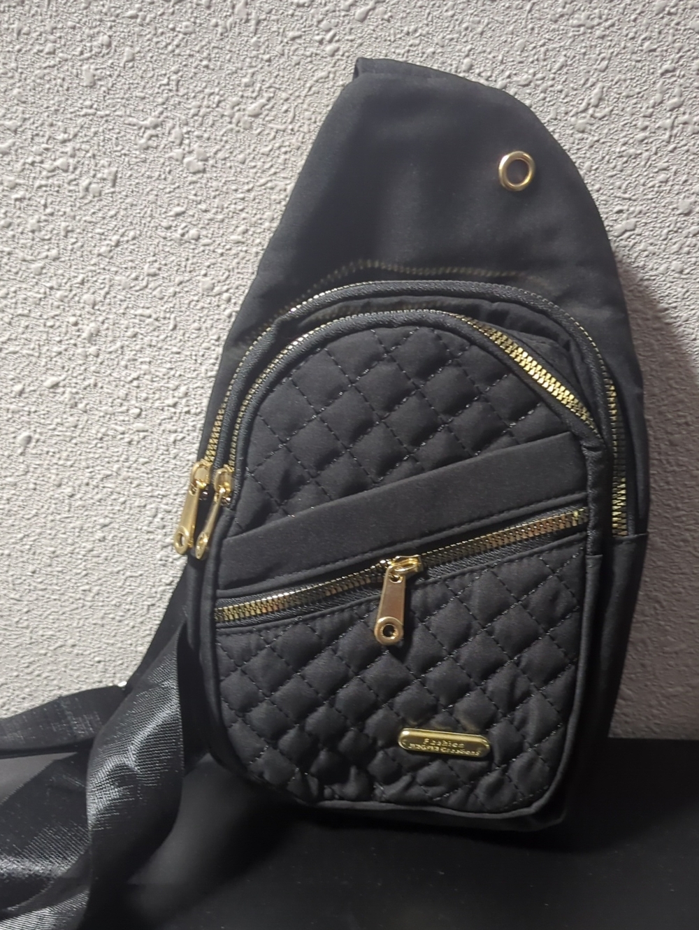 Quilted Black Crossbody Sling Bag with Gold Hardware